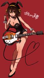  absurdres animal_ears bad_id bad_pixiv_id bare_legs bow bowtie brown_eyes brown_hair collar electric_guitar female god_knows... guitar highres instrument italia_mondial leotard microphone official_alternate_costume playboy_bunny rabbit_ears rabbit_tail red_background sezo_(shizuku) solo suzumiya_haruhi suzumiya_haruhi_no_yuuutsu tail wrist_cuffs 