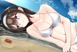  bikini black_hair blue_sky blush breasts cleavage cloud commentary crab day female hairband highres idolmaster idolmaster_cinderella_girls instant_(ioarthus) large_breasts looking_away lying ocean outdoors sagisawa_fumika sand sky smile swimsuit white_bikini 