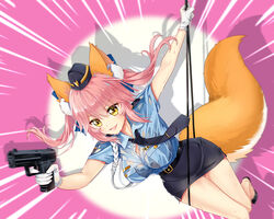  animal_ear_fluff animal_ears bad_id bad_pixiv_id black_bra blue_ribbon bra breasts cleavage fate/extella fate/extra fate_(series) female female_service_cap fox_ears fox_tail gloves gun hair_ribbon handgun hat highres jiushi_shijiu large_breasts necktie oerba_yun_fang official_alternate_costume open_mouth pink_hair police police_hat police_uniform policewoman ribbon see-through solo sweat tail tamamo_(fate) tamamo_no_mae_(fate/extra) tamamo_no_mae_(police_fox)_(fate) underwear uniform weapon white_gloves 