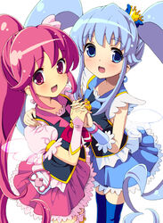  2girls aino_megumi bad_id bad_pixiv_id blue_bow blue_eyes blue_hair blue_thighhighs blush bow brooch commentary_request crown crown_bow cure_lovely cure_princess gold_crown happinesscharge_precure! heart heart_brooch holding_hands homing_(areya) interlocked_fingers jewelry long_hair looking_at_viewer magical_girl multiple_girls open_mouth pink_bow pink_eyes pink_hair pointed_crown ponytail precure shirayuki_hime simple_background skirt thighhighs twintails white_background wide_ponytail 