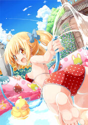  :d ahoge aircraft airplane ass barefoot bikini blonde_hair blush breasts cloud commentary_request contrail day feet female halterneck highres hose looking_back medium_breasts naka_akira oerba_yun_fang open_mouth original photoshop_(medium) polka_dot polka_dot_bikini rubber_duck short_hair short_twintails side-tie_bikini_bottom sky smile soles solo strap_gap swimsuit toes trefoil twintails wading_pool water yellow_eyes 