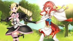  2girls blonde_hair boots commentary_request day dress drill_hair elise_(fire_emblem) fire_emblem fire_emblem_fates friends grass hairband highres holding_hands long_hair multiple_girls red_eyes red_hair ribbon sakura_(fire_emblem) sunlight thigh_boots thighhighs tree twin_drills twintails yuyumi_(yuurei) zettai_ryouiki 