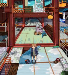  blazer box brown_hair cable commentary_request construction_site female i-beam industrial_pipe jacket kaworu kneehighs loafers looking_at_viewer oekaki original pigeon-toed rafters school_uniform shoes short_hair socks sweat tarpaulin 