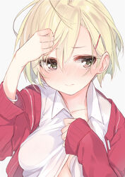  blonde_hair blush breasts commentary female hair_ornament hairclip kojiki-life open_clothes open_shirt original shirt short_hair simple_background small_breasts solo 