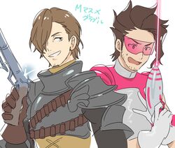  2boys armor brown_hair cosplay costume_switch crossover granblue_fantasy gun hair_over_one_eye holding holding_weapon idolmaster idolmaster_side-m kojijima male_focus multiple_boys rackam_(granblue_fantasy) short_hair visor weapon yamashita_jiro 