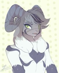  anthro asriel_dreemurr_(god_form) boss_monster_(undertale) bovid bovid_horn bust_portrait caprine caprine_horn curled_horn eye_patch eyelashes eyewear fangs femboy floppy_ears flower freckles fur green_eyes horn kittenpawprints long_ears looking_at_viewer male mammal nude open_mouth plant portrait ram_horn simple_background solo teeth undertale undertale_(series) watermark white_body white_fur 