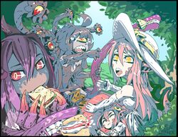  4girls absurdres ahoge animal_ears animal_hands artist_name bare_shoulders black_border black_hair blue_sky border cherry_(snekfag) claws closed_eyes colored_sclera commentary commission crossover cyclops day dragon_girl dragon_horns dragon_wings dress eating elbow_gloves english_commentary extra_eyes extra_mouth fins food food_theft forest gazer_(monster_girl_encyclopedia) gloves hair_between_eyes hair_ornament hat head_fins heart highres holding holding_food horns jabberwock_(monster_girl_encyclopedia) lamia long_hair looking_at_another miia_(monster_musume) monster_girl monster_girl_encyclopedia monster_musume_no_iru_nichijou multiple_girls nature on_grass one-eyed open_mouth original outdoors pastel_colors picnic picnic_basket pointy_ears purple_hair ramenwarwok red_eyes red_hair sandwich signature sky slit_pupils smile sun_hat sundress tears tentacle tree white_dress white_gloves wide-eyed wings yellow_eyes yellow_sclera 