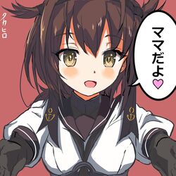  anchor_symbol blush brown_hair close-up commentary_request female gloves hair_flaps hatsuzuki_(kancolle) kantai_collection looking_at_viewer outstretched_arms red_background short_hair smile solo takahiro_(rikky) translated undershirt upper_body yellow_eyes 