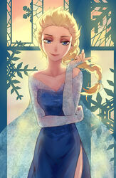  backlighting bad_id bad_pixiv_id bare_shoulders blonde_hair blue_dress braid dress elsa_(frozen) female frozen_(disney) hai_oukami highres lipstick makeup red_lips side_slit single_braid smile window 