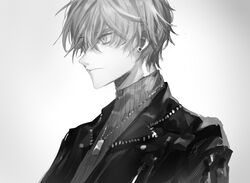  1boy black_jacket commentary_request ear_piercing from_side gradient_background grey_background greyscale highres jacket long_sleeves male_focus monochrome original piercing solo tsugutoku white_background 