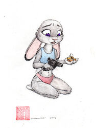  2016 ammunition anthro avoid_posting breasts buckteeth clothed clothing disney female gun handgun judy_hopps lagomorph leporid long_ears mammal open_mouth pink_nose purple_eyes rabbit ranged_weapon revolver simple_background small_breasts solo steve_gallacci story story_in_description teeth traditional_media_(artwork) underwear weapon zootopia 