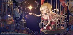  angelia_carlos bandages bare_shoulders barefoot blonde_hair blood breasts cage choker cleavage commentary earrings egg female gloves highres jewelry large_breasts long_hair nest photoshop_(medium) saber_01 scar sdorica single_glove single_thighhigh sitting solo thighhighs torn_clothes torn_thighhighs yellow_eyes 