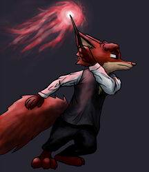  3_toes 4_fingers anthro biped black_background black_bottomwear black_clothing black_pants blue_eyes bottomwear canid canine claws clothed clothing digital_media_(artwork) digitigrade disney famished_(artist) feet finger_claws fingers fox gideon_grey harry_potter_(series) hi_res magic male mammal pants ravenclaw red_fox shaded simple_background solo standing toe_claws toes true_fox wand zootopia 