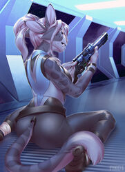  2016 4_toes anthro biped breasts clothed clothing detailed_background feet felid female fur furgonomics furmessiah_(character) grey_body grey_fur gun hair hi_res holding_gun holding_object holding_ranged_weapon holding_weapon kneeling kyander mammal multi_ear ranged_weapon solo toes weapon white_hair 