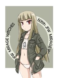  belt blonde_hair blunt_bangs bra collarbone commentary cowboy_shot dog_tags english_text female flat_chest grete_m._gollob grey_background hands_in_pockets highres jacket long_hair long_sleeves looking_at_viewer military military_uniform navel no_pants open_belt open_clothes open_jacket outside_border panties parted_lips red_eyes solo standing straight_hair training_bra underwear uniform wan&#039;yan_aguda white_bra white_panties world_witches_series 