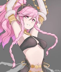  blush braid breasts commentary female fire_emblem fire_emblem_awakening grimmelsdathird hairband highres long_hair looking_at_viewer olivia_(fire_emblem) olivia_(performing_arts)_(fire_emblem) pink_hair ponytail side_braid simple_background smile solo twin_braids 