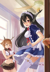  2girls alternate_costume apron bare_shoulders black_hair blush breasts brown_hair caught chains commentary doorway embarrassed enmaided garter_straps gloves hair_ornament hairband headgear highres just_as_planned_(meme) kantai_collection long_hair maid maid_headdress majicjiang medium_breasts meme midriff multiple_girls mutsu_(kancolle) nagato_(kancolle) navel open_mouth photoshop_(medium) pov_doorway red_eyes ribbon short_hair skirt smile surprised thighhighs wavy_mouth 