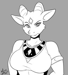  2019 anthro big_breasts breasts clothed clothing dragon female greyscale hi_res horn looking_at_viewer monochrome mrsakai mythological_creature mythological_scalie mythology scalie simple_background solo watermark 