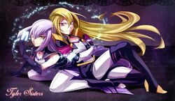  2girls bad_id bad_pixiv_id black_footwear black_legwear blonde_hair boots breasts card cleavage collarbone eirakko elbow_gloves gloria_tyler gloves grace_tyler long_hair looking_at_viewer lying medium_breasts multiple_girls one_eye_closed purple_hair red_eyes siblings sisters smile thigh_boots thighhighs twins yellow_eyes yu-gi-oh! yu-gi-oh!_arc-v 