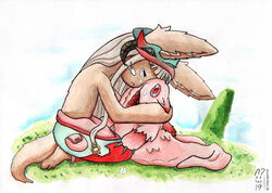  2019 absurd_res bodily_fluids crying duo hi_res kemono lagomorph leporid made_in_abyss mammal mitty nanachi narehate rabbit sad tears traditional_media_(artwork) wunderhase 