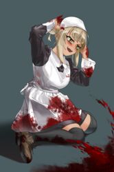  apron bangs black_legwear blonde_hair blood bloody_clothes blunt_bangs blush boku_no_hero_academia double_bun fangs female hair_bun highres maid maid_apron maid_headdress messy_hair open_mouth shoes sitting solo thighhighs toga_himiko wariza wootsang yellow_eyes 