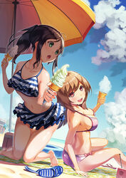  2girls arm_support barefoot beach beach_umbrella bikini bikini_skirt black_hair breasts brown_hair cleavage cloud commentary_request day food frilled_bikini frills green_eyes highres ice_cream innertube kneeling long_hair looking_back medium_breasts moe2014 multiple_girls navel open_mouth original outdoors photoshop_(medium) polka_dot polka_dot_bikini polka_dot_swimsuit ponytail radio red_eyes sandals shiny_skin skirt sky smile striped_bikini striped_clothes swim_ring swimsuit takanori_yamada thigh_gap umbrella 