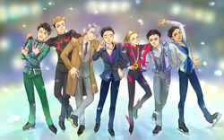  6+boys ^_^ black_hair blonde_hair blue_eyes bodysuit brown_eyes christophe_giacometti closed_eyes coat commentary_request facial_hair green_eyes grey_eyes grey_hair hair_slicked_back hand_on_another&#039;s_shoulder highres ice_skates it&#039;s_j.j._style! jean-jacques_leroy jewelry katsuki_yuuri male_focus marine_(1894271) medal multiple_boys necktie one_eye_closed open_mouth otabek_altin phichit_chulanont ponytail ring skates smile yuri!!!_on_ice yuri_plisetsky 