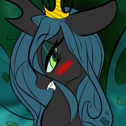  1:1 arthropod blush changeling crown fangs female feral friendship_is_magic green_eyes green_hair hair hasbro headgear horn insect_wings kittenpawprints long_hair looking_at_viewer my_little_pony queen_chrysalis_(mlp) smile solo teeth third-party_edit wings 