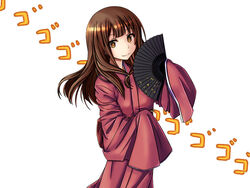  bad_id bad_pixiv_id brown_eyes brown_hair drogba_(oran-namusan) female hand_fan japanese_clothes kimono long_hair looking_at_viewer mihirogi_uta saki_(manga) sleeves_past_wrists smile solo 