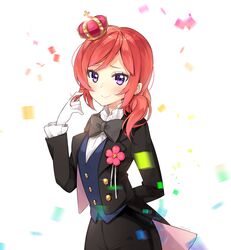  arm_behind_back ayamy black_bow black_bowtie black_ribbon black_suit blush boutonniere bow bowtie commentary confetti cowboy_shot crown female flower_ornament formal frilled_shirt_collar frills gloves hair_over_shoulder long_sleeves looking_at_viewer love_live! love_live!_school_idol_project love_wing_bell medium_hair mini_crown nishikino_maki purple_eyes red_hair ribbon signature simple_background smile solo suit twirling_hair white_background white_gloves 