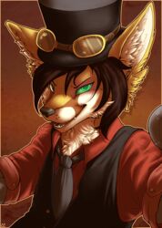  2018 anthro brown_background brown_hair bust_portrait canid canine chibity clothed clothing cybernetics cyborg eyewear fennec_fox fennegan_linford fox fur goggles green_eyes hair hat headgear headwear hi_res machine male mammal necktie open_mouth open_smile portrait simple_background smile solo tan_body tan_fur teeth top_hat true_fox 