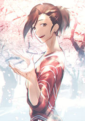  1boy brown_hair cherry_blossoms earrings hair_ornament hairclip idolmaster idolmaster_side-m jewelry kojijima looking_at_viewer male_focus open_mouth outstretched_hand ponytail shirt smile solo striped_clothes striped_shirt tree upper_body watanabe_minori 