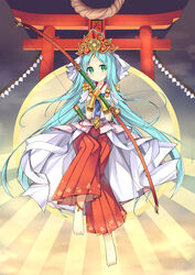  amaterasu_(p&amp;d) amemiya_ruki anklet aqua_eyes aqua_hair bare_shoulders barefoot bow_(weapon) commentary_request feet female green_eyes hakama hakama_skirt highres japanese_clothes jewelry kimono long_hair long_sleeves photoshop_(medium) puzzle_&amp;_dragons red_hakama skirt smile solo torii weapon 