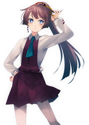  arm_up banned_artist blouse brown_hair dress hair_ornament hair_ribbon hand_on_hip kantai_collection kazagumo_(kantai_collection) long_hair looking_to_the_side necktie pantyhose ponytail purple_legwear ribbon sayori_(oskn) school_uniform silver_eyes simple_background skirt solo tsurime uniform very_long_hair white_background 