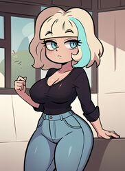  1girls ai_generated big_breasts blonde_hair blue_eyes blue_streak cleavage curvy curvy_figure disney disney_channel female jackie_lynn_thomas jeans pants star_vs_the_forces_of_evil thick_thighs tight_clothing wide_hips 