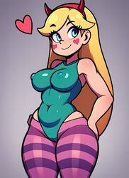  ai_generated big_breasts blonde_hair blue_eyes curvy curvy_figure disney disney_channel headband hyper_thighs leotard massive_thighs nipples_bulge star_butterfly star_vs_the_forces_of_evil thick_thighs thunder_thighs tight_clothing tights wide_hips 