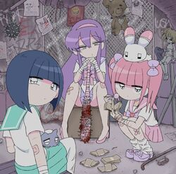  3girls :o animal animal_on_head animal_on_lap ball_and_chain_(weapon) bandaged_arm bandaged_wrist bandages bandaid bandaid_on_knee bandaid_on_leg black_eyes blue_hair blunt_bangs bow box brass_knuckles chain-link_fence closed_mouth club_(weapon) commentary_request crocs crowbar crystal delinquent doll expressionless ezaki_bisuko feline fence gauze_on_arm gauze_on_knee graffiti green_sailor_collar green_skirt hair_between_eyes hairband hairbow heart hexagram high_heels highres holding holding_club holding_weapon injury jewelry jitome lead_pipe long_hair looking_at_viewer menhera-chan_(ezaki_bisuko) menhera-chan_(ezaki_bisuko)_(character) money multiple_girls necklace nekotan_(ezaki_bisuko) official_art on_head on_lap paper pink_bow pink_footwear pink_hair pink_hairband pink_sailor_collar pink_skirt poster_(medium) purple_bow purple_footwear purple_sailor_collar purple_skirt rabbit sabukaru-chan_(ezaki_bisuko) sailor_collar school_uniform serafuku shaded_face short_twintails sidelocks sitting skirt slav_squatting smiley_face spiked_ball_and_chain spiked_club spread_legs squatting star_of_david stuffed_animal stuffed_toy teddy_bear twintails usatan_(ezaki_bisuko) weapon white_leg_warmers white_serafuku yumekawa-chan_(ezaki_bisuko) 