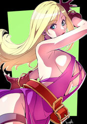  absurdres bangle bare_shoulders belt blonde_hair blue_eyes bracelet breasts choker cleavage dress fatal_fury female fingerless_gloves garou:_mark_of_the_wolves gloves highres jenet_behrn jewelry large_breasts long_hair looking_at_viewer loose_belt purple_choker purple_dress red_gloves smile snk solo strikebeagle the_king_of_fighters thigh_strap 