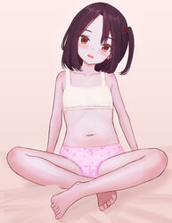  artistic_error barefoot bed_sheet black_hair bow bow_panties bra breasts cameltoe commentary crotch_seam feet female hair_tie head_tilt highres indian_style medium_hair mismatched_underwear on_bed one_side_up open_mouth original panties pink_panties print_panties red_eyes shooko sitting small_breasts solo toes training_bra underwear underwear_only white_bra wrong_foot 