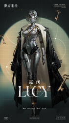  black_coat breasts character_name chinese_text circle coat coat_on_shoulders copyright_name english_text faceless facing_viewer female full_body green_background grid_background highres humanoid_robot id_card joints key lanyard large_breasts logo long_sleeves lucy_(reverse:1999) metal_skin navel official_art overcoat reverse:1999 robot robot_girl robot_joints short_hair solo standing 