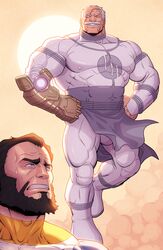  2boys absurdres adam&#039;s_apple bald_spot bara black_hair bulge_peek comic_panel_redraw commission conquest_(invincible) covered_nipples derivative_work facial_hair floating full_body grin hands_on_own_hips highres huge_pectorals invincible_(series) levitation male_focus mature_male moustache multiple_boys muscular muscular_male pelvic_curtain scar scar_across_eye scar_on_head second-party_source short_hair smile solo_focus strongman_waist superhero_costume sweatdrop the_immortal_(invincible) thick_eyebrows thick_mustache thick_thighs thighs wind wrinkled_skin zelo-lee 