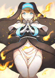  black_dress blonde_hair blue_eyes blush capelet dress en&#039;en_no_shouboutai feet_out_of_frame female fire highres iris_(en&#039;en_no_shouboutai) long_sleeves looking_at_viewer nene_(atsushi_hamano) nun parted_lips short_hair simple_background solo steepled_fingers thighhighs thighs veil waist_cape white_capelet white_thighhighs 