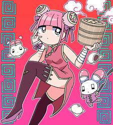  animal bandaged_arm bandaged_hand bandages bandaid bandaid_on_leg blunt_bangs bun_cover china_dress chinese_clothes dress ezaki_bisuko female food gradient_background hand_on_own_cheek hand_on_own_face holding holding_food jitome menhera-chan_(ezaki_bisuko) menhera-chan_(ezaki_bisuko)_(character) nunchaku official_art orange_background outline pink_background pink_dress pink_hair purple_footwear purple_ribbon rabbit ribbon self-harm_scar short_hair sidelocks smoke thighhighs usatan_(ezaki_bisuko) weapon white_outline 