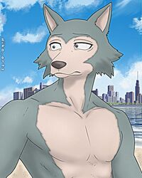  anthro beach beastars canid canine canis city_skyline cloud diko_artz hi_res legoshi_(beastars) male mammal muscular muscular_male outside pecs sea seaside sky solo water wolf 