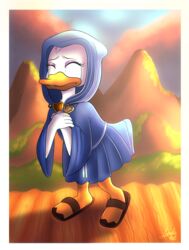  anatid anseriform anthro avian bird bodily_fluids cloak closed_eyes clothing crying daisy_duck disney duck emotional fantasia_2000 female footwear grieving hood_up locket lunula_(artist) sad sandals solo tears tears_of_sadness 