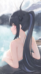  alternate_hairstyle bare_shoulders bathing black_hair blue_hair blush breasts colored_inner_hair demon_horns female high_ponytail highres hololive hololive_english horns large_breasts long_hair looking_at_viewer mole mole_under_eye multicolored_hair nerissa_ravencroft onsen outdoors ponytail solo steam two-tone_hair very_long_hair virtual_youtuber zinkaa 