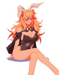  :3 absurdres animal_ears axel_syrios blonde_hair blue_eyes bow bowtie braid breasts cleavage crossed_legs english_commentary female genderswap_(mtf) hair_between_eyes highleg highleg_leotard highres holostars holostars_english large_breasts leotard long_hair looking_at_viewer mararu multicolored_hair off_shoulder orange_bow orange_bowtie rabbit_ears red_hair rule_63 shiny_clothes side_braid signature simple_background solo streaked_hair two-tone_hair two_side_up virtual_youtuber white_background 