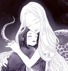  1boy chinese_clothes closed_eyes female glowing haku_sanshi juuni_kokuki leopard_girl lizard_tail lolicon long_hair long_sleeves medium_hair monochrome monster_girl motherly nama_(na-ma) nude nyokai robe smile taiki_(juuni_kokuki) tail upper_body very_long_hair wide_sleeves 