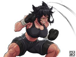  abs animal_ears boxer boxing_gloves boxing_ring boxing_shorts breasts cat_ears cat_girl dark-skinned_female dark_skin dodging female highres jamrolypoly large_breasts leila_(awastedninja) looking_to_the_side mouth_guard muscular muscular_female original shorts signature simple_background solo thick_thighs thighs white_background yellow_eyes 