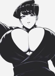  absurdres blush breasts cleavage dress female greyscale highres huge_breasts komi-san_wa_komyushou_desu komi_shuuko looking_at_viewer mature_female monochrome mostlybluewyatt short_hair solo 